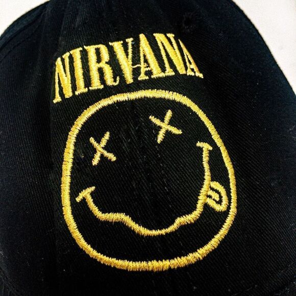 Nirvana Embroidered Smiley Black Cotton Adjustable Baseball Cap Unisex - Picture 3 of 8